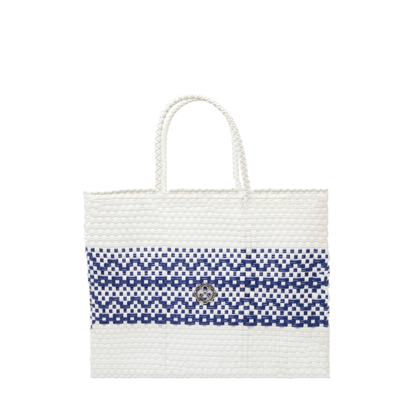 SMALL WHITE BLUE AZTEC BAND TOTE BAG