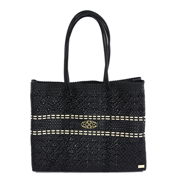 TRAVEL BLACK BEIGE LINE TOTE BAG WITH CLUTCH