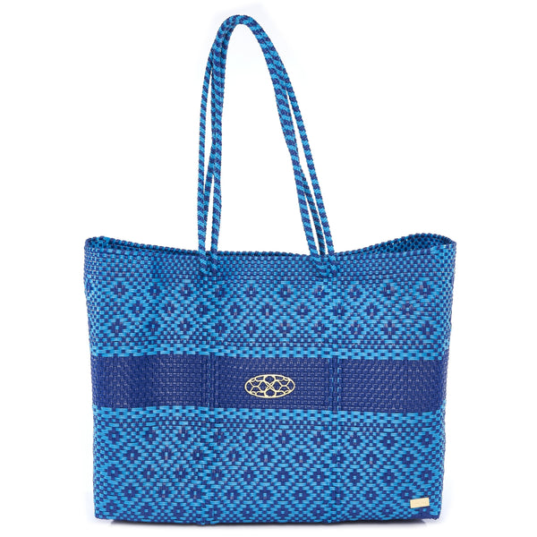 TRAVEL BLUE / LIGHT BLUE AZTEC STRIPE TOTE BAG WITH CLUTCH