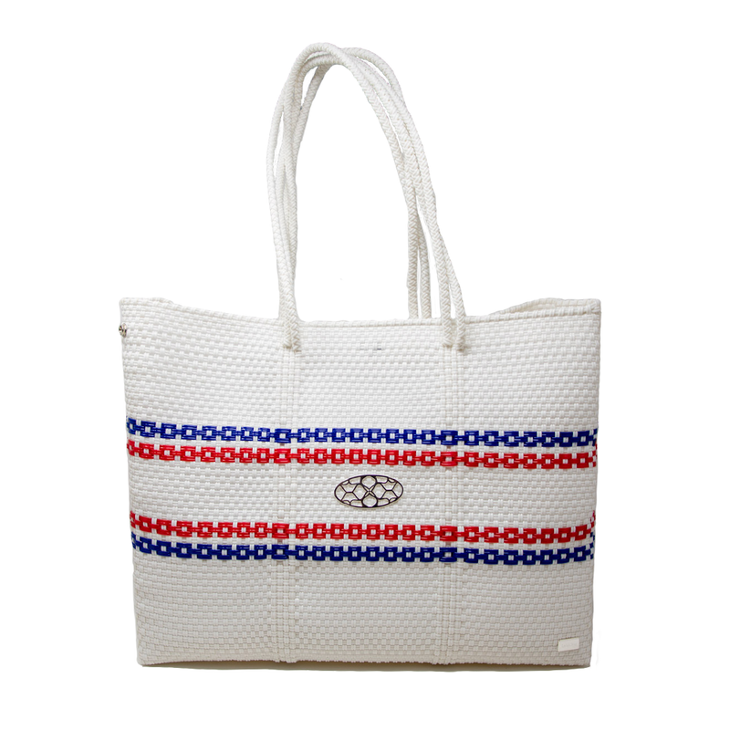 WHITE BLUE RED LINE  STRIPED TRAVEL TOTE BAG WITH CLUTCH