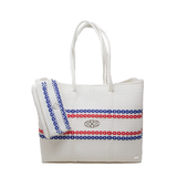 WHITE BLUE RED LINE  STRIPED TRAVEL TOTE BAG WITH CLUTCH