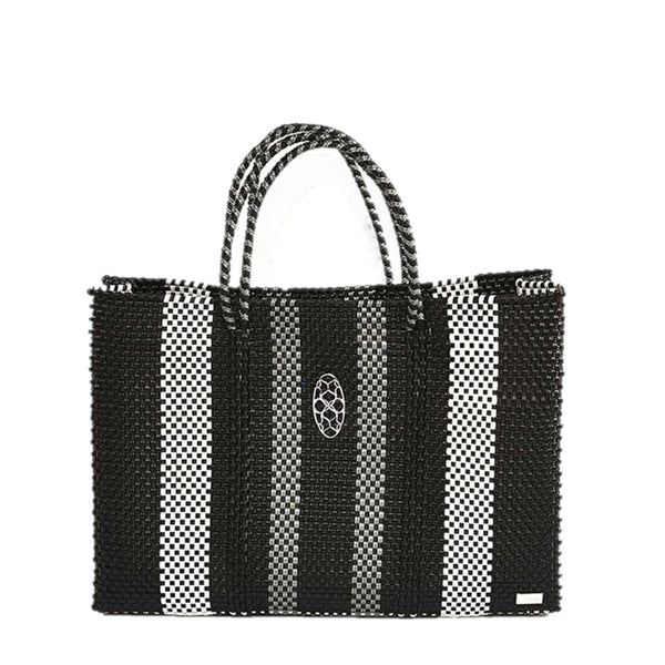 TRAVEL BLACK WHITE SILVER STRIPED TOTE BAG AND CLUTCH