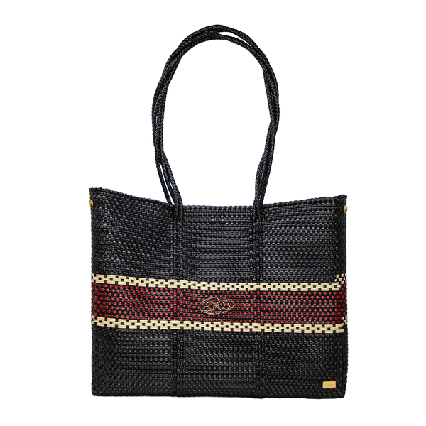 TRAVEL BLACK RED BEIGE STRIPED TOTE WITH CLUTCH
