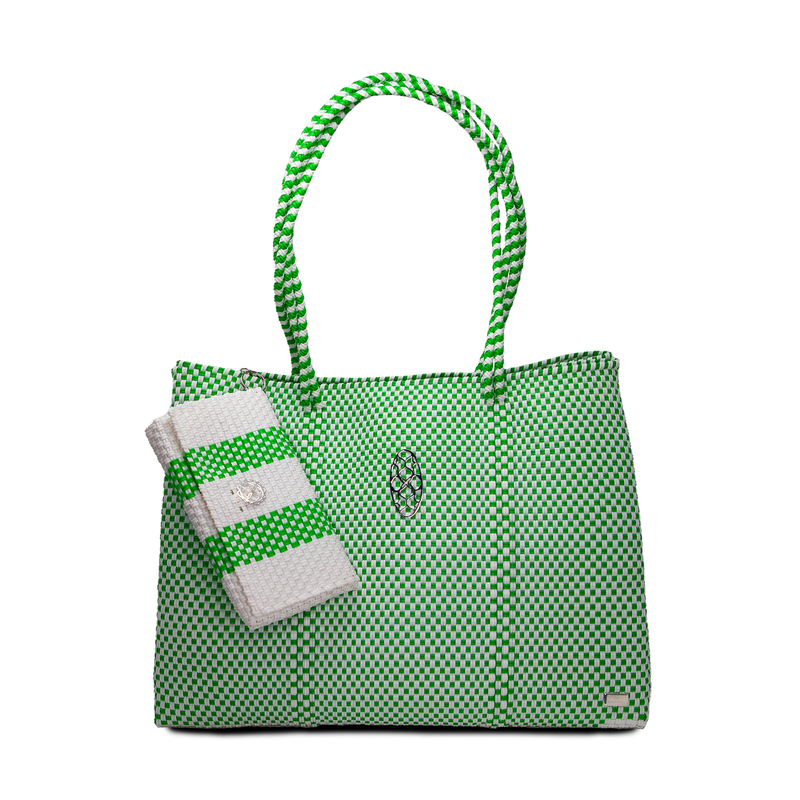 TRAVEL WHITE GREEN TOTE WITH CLUTCH